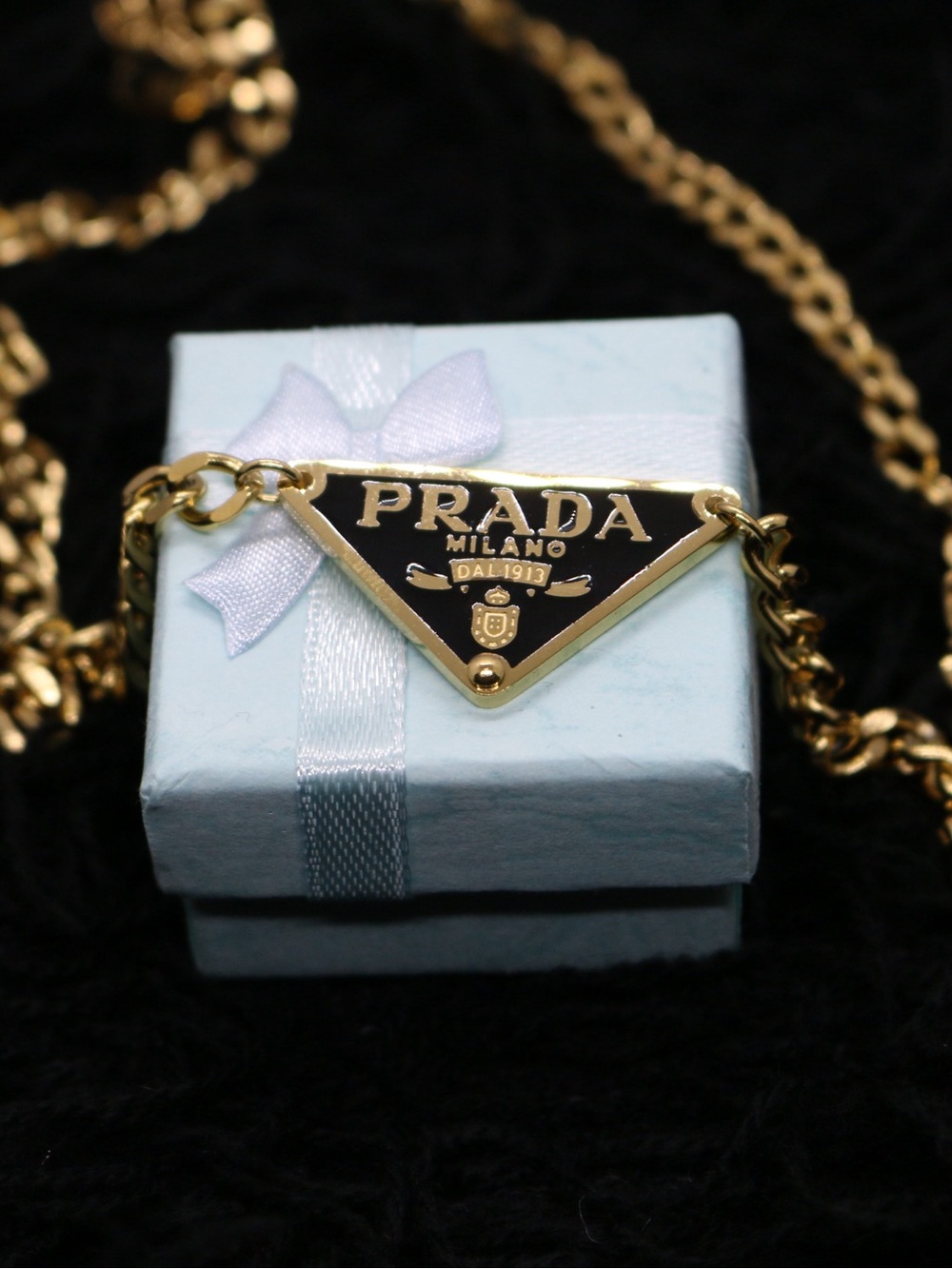 Prada Gold and Black Triangle Logo Necklace - Prada Milano